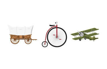 Vector illustration of vintage transportation evolution covered wagon, high-wheel bicycle, and biplane aircraft showcasing historical mobility © AdiNurFauzi