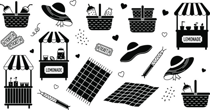 Summer Picnic Icon Set Featuring Lemonade Stands, Baskets, Picnic Blankets, and Hats for Outdoor and Party Designs