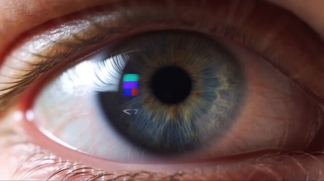 Human eye macro shot with a detailed iris reflecting a vibrant moving color palette and digital cursor while scanning design generative AI