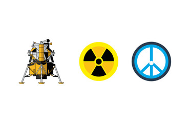 Vector Set of a Lunar Lander, Radiation Symbol, and Peace Sign Icons © Ari_studio