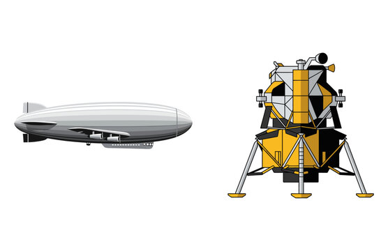 Isolated vector depiction of an aerial blimp and a detailed space mission lander craft