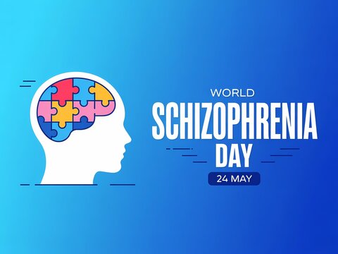 World schizophrenia day concept with a human head silhouette and a colorful puzzle brain illustration on blue background