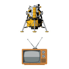 Distinct Vector Illustrations Lunar Lander Module and Classic Analog Television Set Art © Ari_studio