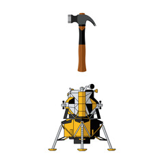 Modern vector illustration of a hammer and lunar lander for space construction and exploration concepts © Ari_studio