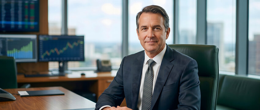 Middle-aged businessman in suit sitting at office desk looking directly at camera