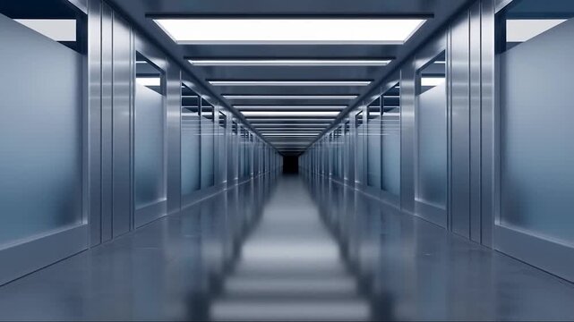 Symmetrical dolly shot futuristic office corridor brushed metal frosted glass recessed LED strips cool white glow high gloss dark grey floor, generative AI