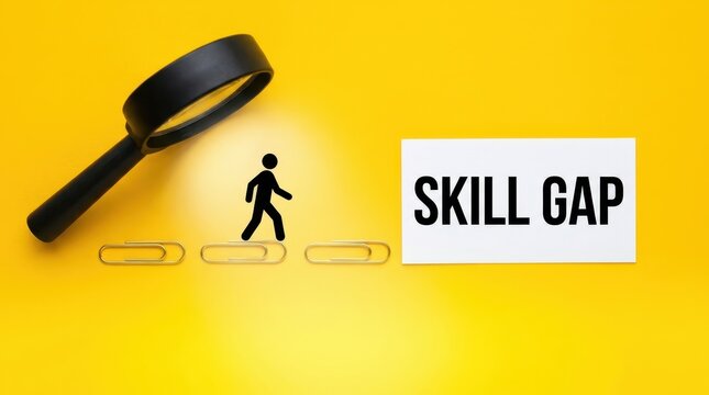 Concept of skill gap with a magnifying glass looking at a stick figure crossing paper clip on a yellow background