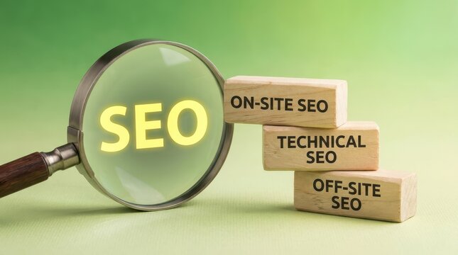 Magnifying glass with "SEO" text and wooden blocks showing "ON-SITE SEO", "TECHNICAL SEO", "OFF-SITE SEO" on a green background.