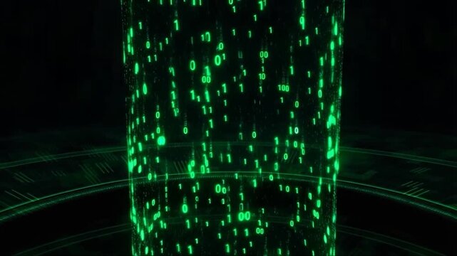 Vertical waterfall cascading green binary code numbers falls dark digital abyss glows illuminates grid environment camera moves top bottom digital spray, generative AI