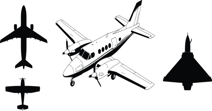 Set of airplane silhouettes and detailed vector illustrations including propeller plane commercial jet and military fighter aircraft designs