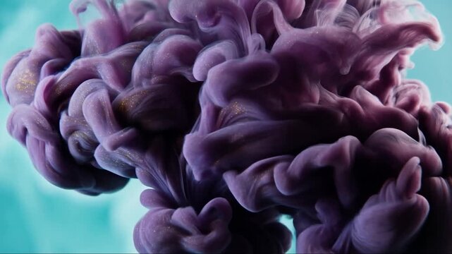 Deep violet metallic gold ink dropped crystal clear water blooms intricate smoke floral patterns swirling expanding golden particles shimmer dark clouds nebula, generative AI