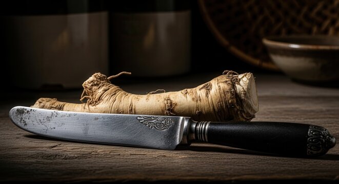 Rustic Horseradish Root And Vintage Knife On Wooden Table
