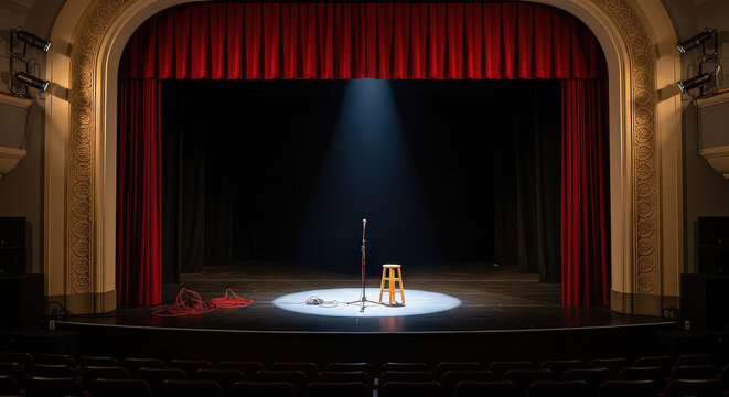 grand stage with red curtains and a single spotlight on the floor isolated on white background, illustration