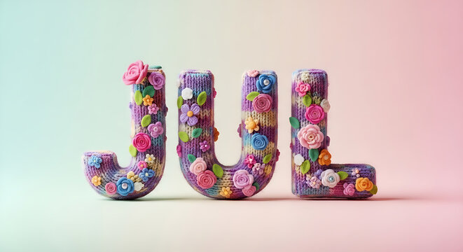 Joyful knitted letters JUL spelling July, adorned with colorful flowers and leaves, perfect for summer events and celebrations in pastel hues.