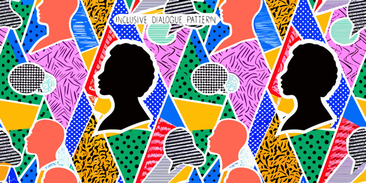 Inclusive dialogue pattern vibrant repeating abstract head silhouettes