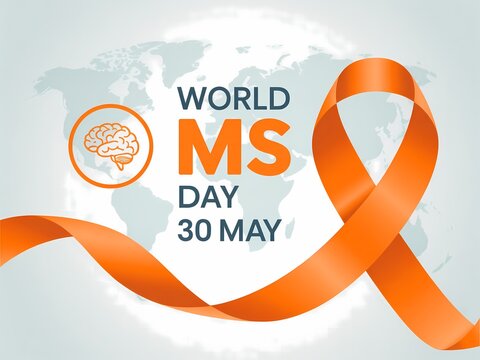 World ms day 30 may awareness campaign banner with orange ribbon and brain icon on world map background