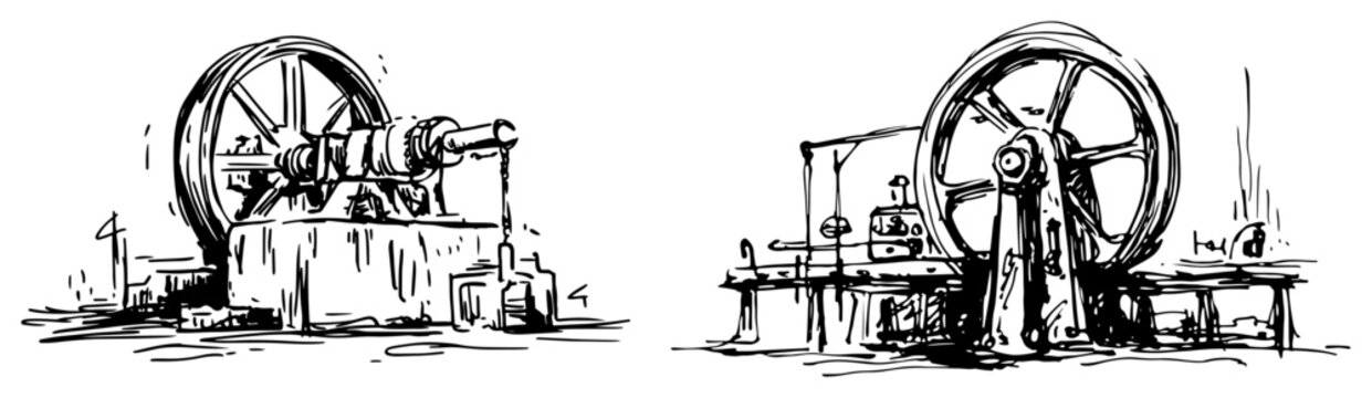 Industrial steam engine machinery with flywheels and pulley system in technical sketch style