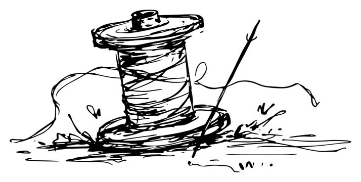 Large thread spool and sewing needle with messy strings in expressive hand drawn sketch style