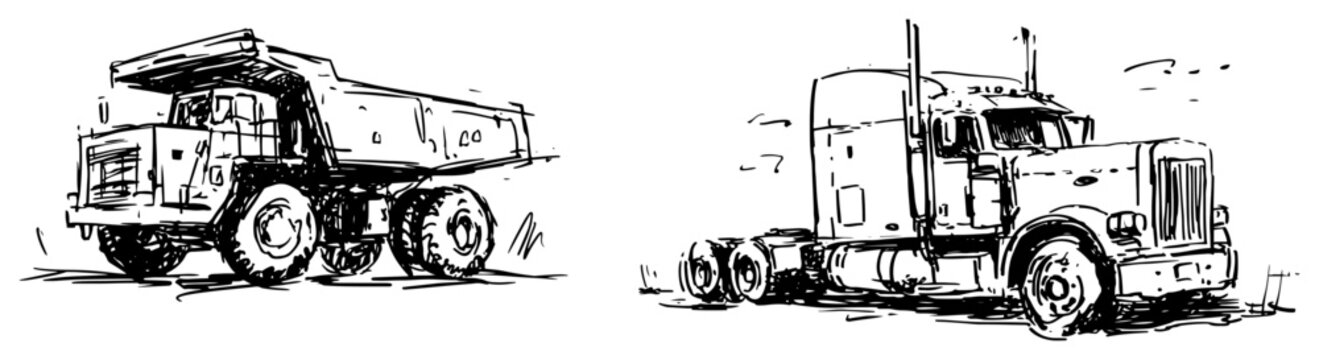 Heavy transport trucks including mining dumper and semi trailer in hand drawn sketch style