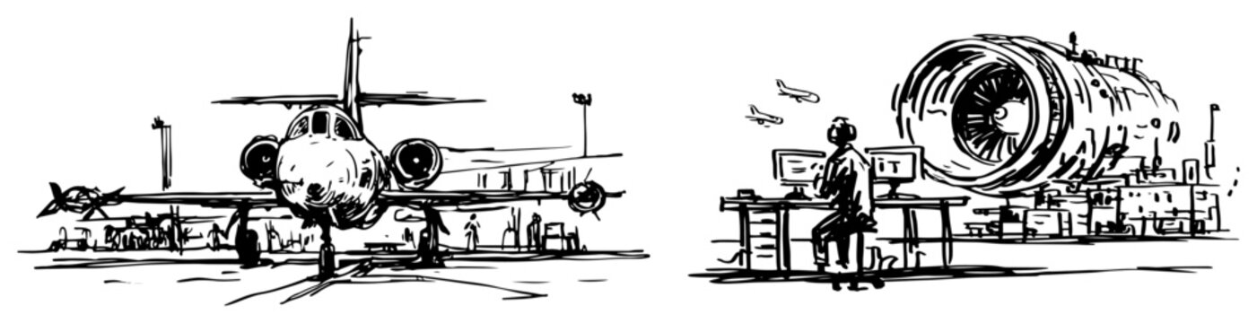 Aviation maintenance engineer monitoring large jet engine turbine at airport in technical hand drawn sketch style