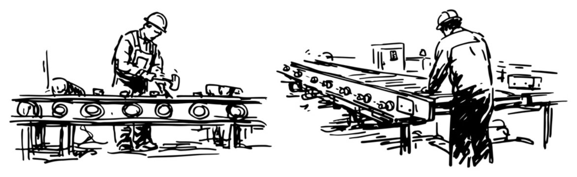 Factory workers operating assembly line conveyor system in hand drawn sketch style
