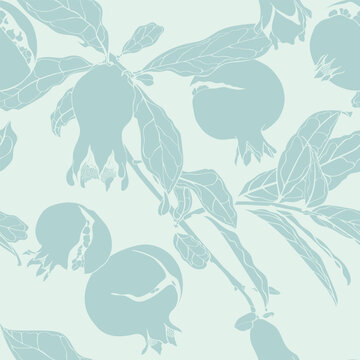Pomegranate seamless pattern. Stylish design for printing on bed linen. Repeating image for gift wrapping. Branches and leaves. 
