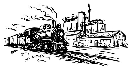 Vintage steam locomotive train arriving at industrial factory site in hand drawn ink sketch style © AdrianGebert