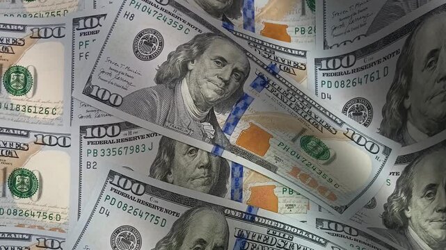 Graceful tracking shot over oscillating waves of hundred dollar bills highlighting vibrant currency details to project an exclusive image of high-end monetary prosperity