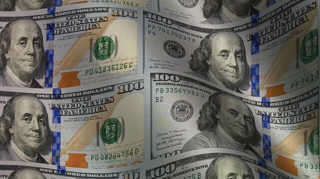 Dynamic perspective moving along surging waves of hundred dollar bills where intricate engraving and paper depth showcase an elite vision of modern investment success