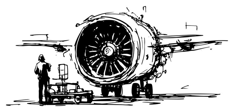 Aircraft jet engine with technician inspecting turbine on runway in sketchy hand drawn style