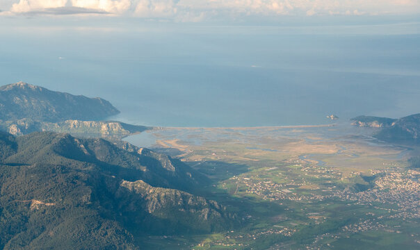 Aerial panorama of Dalyan delta and Mediterranean Coast, Turkey