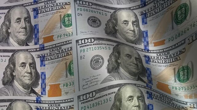 Elegant motion sequence gliding over undulating waves of hundred dollar bills using crisp banknote textures to illustrate a concept of deep liquidity and capital abundance