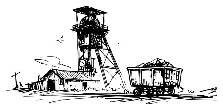 Coal mine headframe and mining wagon in hand drawn sketch style
