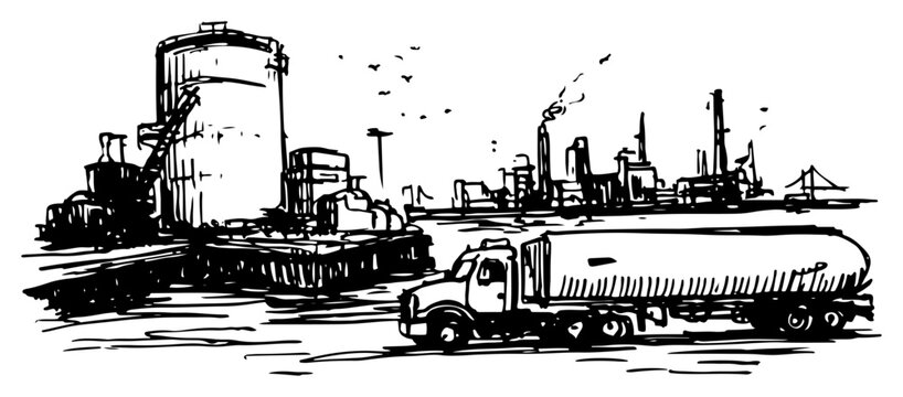 Tanker truck at industrial oil terminal and refinery facility hand drawn ink sketch style