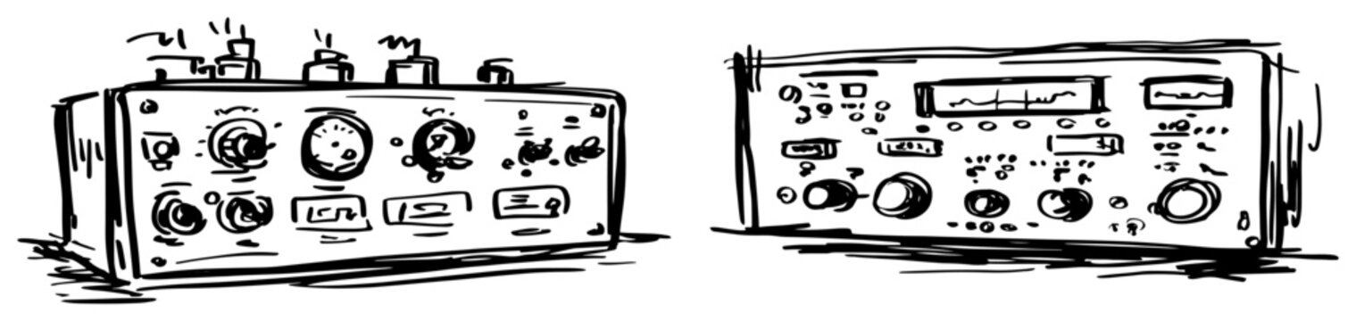 Vintage electronic control panel with dials and knobs for testing equipment in sketchy hand drawn style