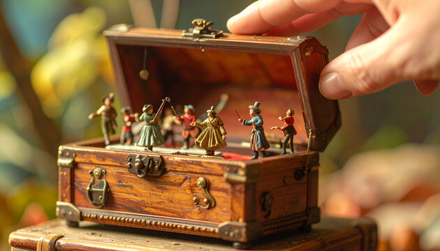 Miniature wooden treasure chest with figures representing a stage performance