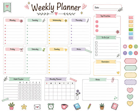 Aesthetic Pastel Weekly Planner Set with DIY Stickers - Hand-Drawn Daily Organizer with Monthly Overview, Habit Tracker, and Decorative Stationery Icons Illustration.