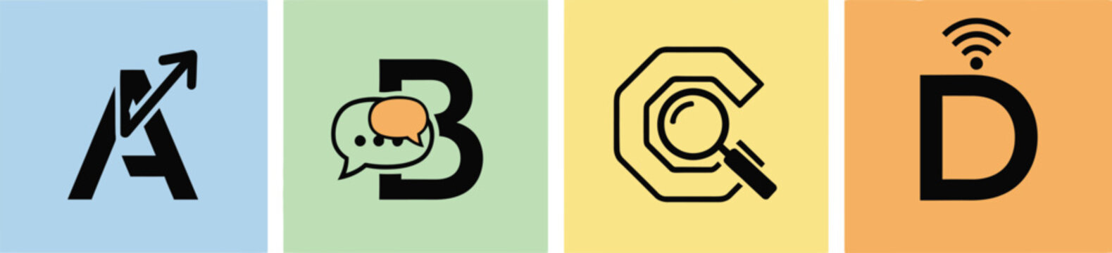 Four colored squares display distinct icons: an upward arrow on A, speech bubbles on B, a magnifying glass on C, and a Wi-Fi signal on D.