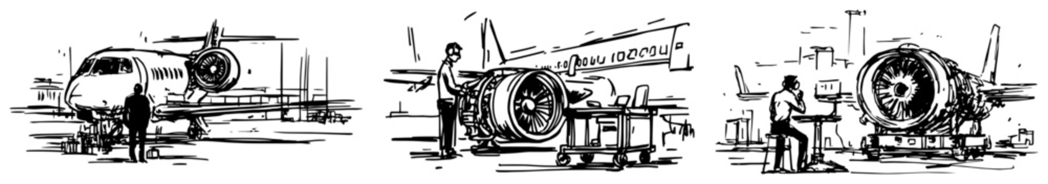 Aircraft mechanics repairing jet engines in airport hangar rough ink sketch style