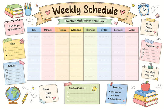 Cute Back to School Weekly Schedule Template - Aesthetic Pastel Time Table with Habit Tracker, To-Do List, and Hand-Drawn Stationery Illustrations.
