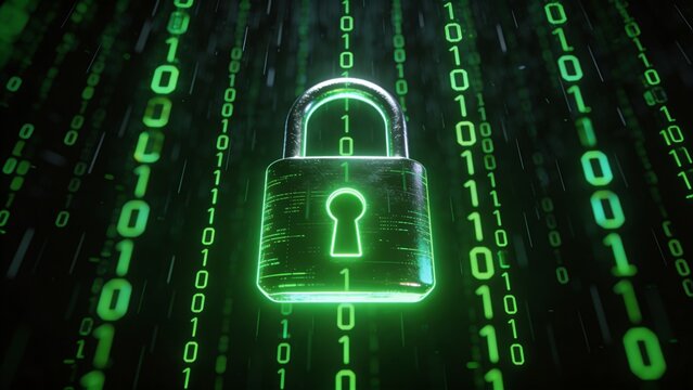 Green Binary Code Falling over Security Lock on Black Background