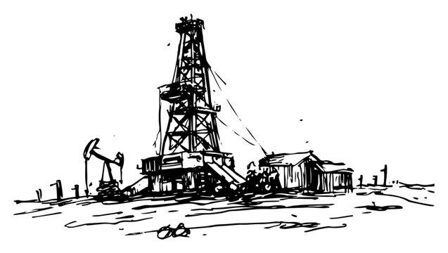 Oil drilling rig and pump jack in industrial landscape sketch style