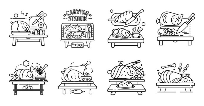 Roasted Turkey Cooking and Carving Station Line Icons - Collection of minimalist roasted turkey illustrations featuring carving stations, holiday meals, festive cooking, catering, and food service con