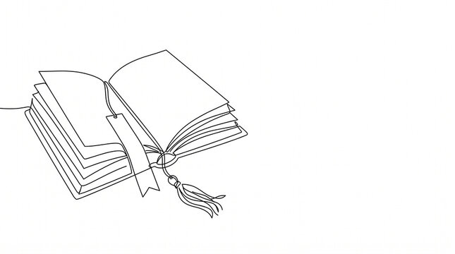 Outline of an open book with a tassel bookmark on a plain background  