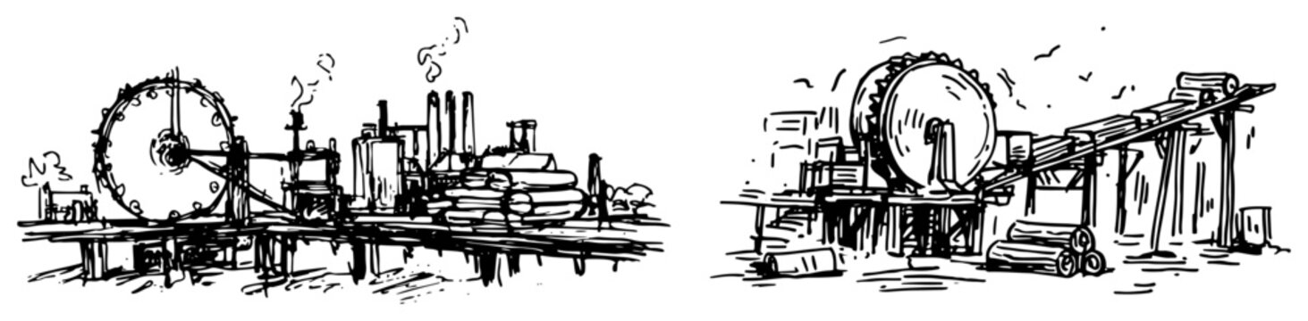 Sawmill facility processing timber logs with industrial circular saws in hand drawn sketch style