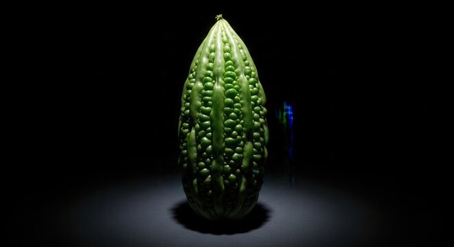 Striking Solo Bitter Melon Isolated On Dark Studio Background
