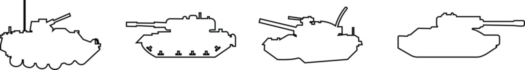 Military armored vehicle tank silhouette set collection and group in black line style featuring combat transport carrier artillery machine army defense war icon bundle © Sattar