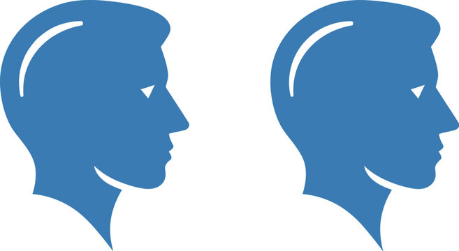 Two blue silhouette profiles of male heads facing left, representing comparison, discussion, or communication in a simple graphic.