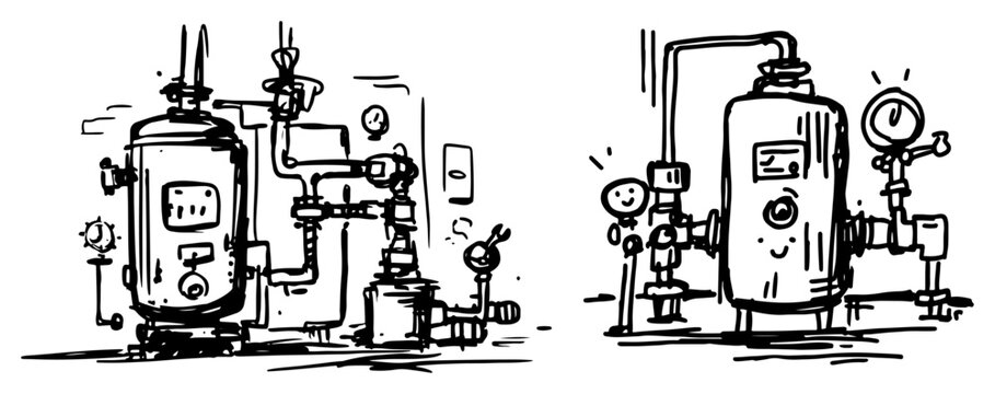 Industrial pressure tank and piping system with pressure gauges in hand drawn ink sketch style