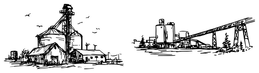 Grain elevator silos and industrial plant landscape in hand drawn sketch style © AdrianGebert